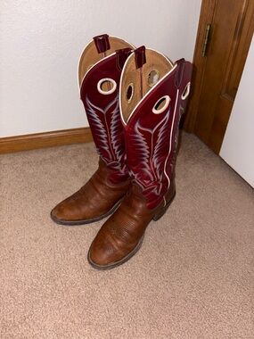 Tony Lama Brown Leather Cowboy Boots with Red Stitch-Patterned Shaft